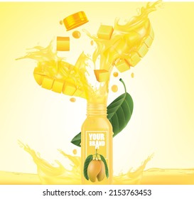 Mango Fruchtflasche Design mit Mango Fruchtsaft Splash.Vektorgrafik