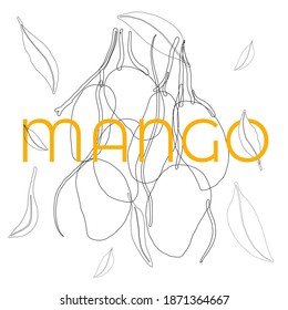 Rama de fruta de mango con hojas y texto naranja brillante. ilustración vectorial en blanco y negro.