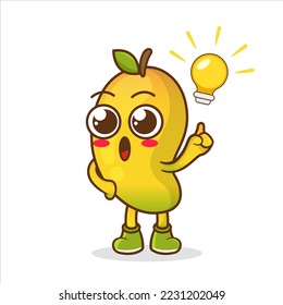 caricatura de frutos de mango con una pose de idea, ilustración de estilo lindo. Vector de caracteres de mascota.