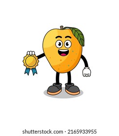 Mango Fruchtcartoon-Illustration mit Zufriedenheit garantierte Medaille, Charakterdesign