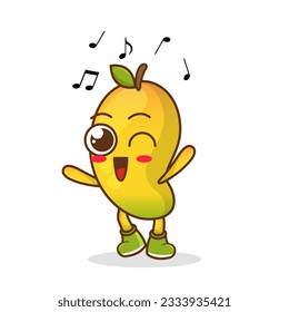 mango Fruit cartoon mascot character Listening music. Cute mango cartoon character dances to music