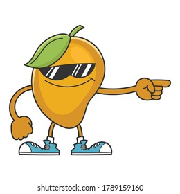 Caricatura de frutas de mango con gafas de sol aisladas en blanco