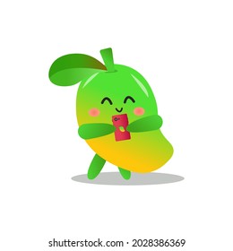 Mango fruit cartoon vector illustration with happy expression looking at cell phone