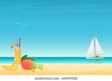 Mango Fruit Cocktail on the sand Beach Background with yacht. Summer poster vector illustration.