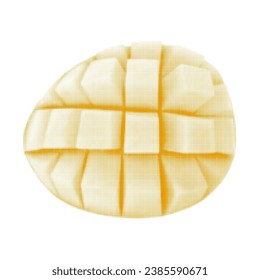 Mango fruit cut into cubes, isolated, from circle dots of different sizes on white background