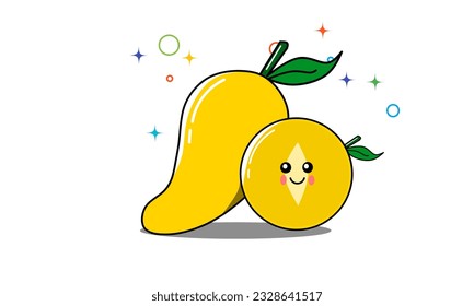 Caricatura tierna de frutas de mango. Carácter cómico de mango. Divertida ilustración vectorial de verano. Paquete de emoticones de bayas jugosas.