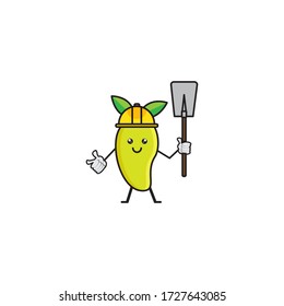mango fruit design mascot wearing a construction worker helmet and holding a shovel
