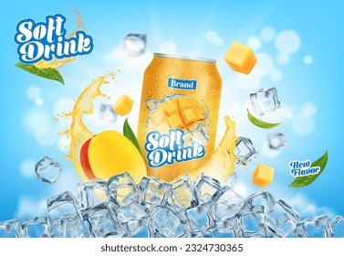 Mango fruit drink can, juice splash and ice cubes capturing the essence of tropical indulgence. Vector ads poster with refreshing cool and flavorful water or soda on icy blocks pile in hot summer day