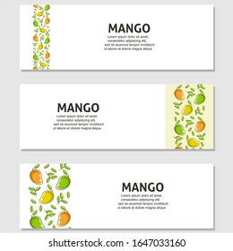 Mango Obstflache Illustration mit Blättern Vektorillustration Banner Hintergrund Satz von 3. Skalierbar und editierbar. Vektorillustration-Design für Banner, Hintergrund, Karte, Landungsseite, Broschüre, Flyer, Cover