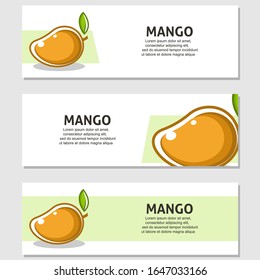 Ilustración plana de frutas de mango con hojas vectorial de fondo conjunto de 3. Escalable y editable. Diseño de vectores para banner, fondo, tarjeta, página de inicio, folleto, volante, portada