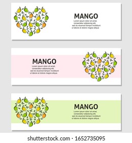 Ilustración plana de frutas de mango con hojas vectorial de fondo conjunto de 3. Escalable y editable. Diseño de vectores para banner, fondo, tarjeta, página de inicio, folleto, volante, portada