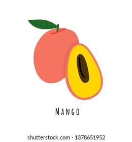 Mango fruit flat vector illustration. Cartoon slices of tropical fresh fruit. Mangifera creative clipart with typography. Isolated icon for healthy cooking menu, logo, design element