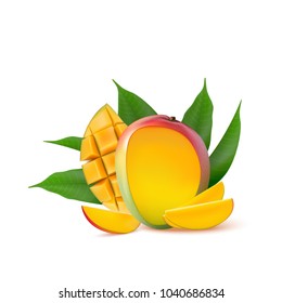 Mango fruit for fresh juice, jam, yogurt, pulp. 3d realistic yellow, red, orange ripe mango cubes and leaves isolated on white background for packaging, web design. Slice of fruit. Vector EPS 10.