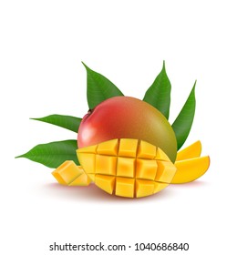 Mango fruit for fresh juice, jam, yogurt, pulp. 3d realistic yellow, red, orange ripe mango cubes and leaves isolated on white background for packaging, web design. Vector EPS 10.