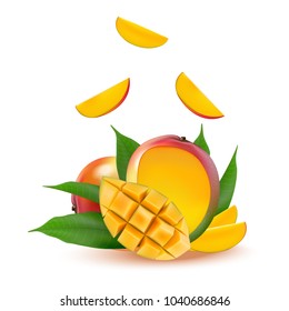 Mango fruit for fresh juice, jam, yogurt, pulp. 3d realistic yellow, red, orange ripe mango cubes and leaves isolated on white background for packaging, web design. Falling mango slice. Vector EPS 10.