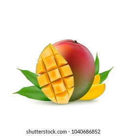 Mango fruit for fresh juice, jam, yogurt, pulp. 3d realistic yellow, red, orange ripe mango cubes and leaves isolated on white background for packaging, web design.  Vector EPS 10.
