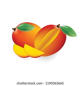 Mango fruit for fresh juice, jam, yogurt, pulp. 3d realistic yellow, red, orange ripe mango cubes and leaves isolated on white background for packaging