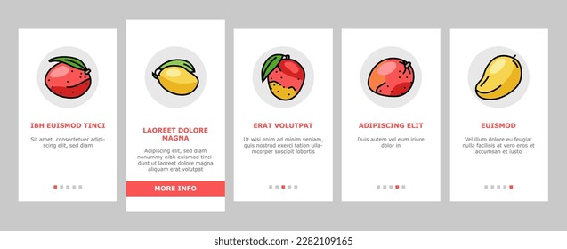 mango fruit fresh leaf yellow onboarding mobile vector. tropical slice, green cut, ripe food, juice sweet summer tree, red dessert, pulp mango fruit fresh leaf yellow color line illustrations