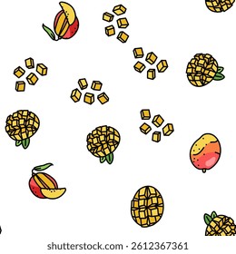 mango fruit fresh leaf yellow Vector Seamless Pattern Thin Line Illustration