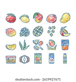 mango fruit fresh leaf yellow doodle icons set vector. tropical slice, green cut, ripe food, juice sweet summer tree, red dessert, pulp mango fruit fresh leaf yellow sketch hand drawn