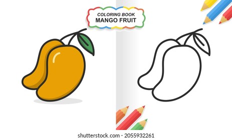 Mango fruit hand drawn coloring book for learning. Flat color ready to print