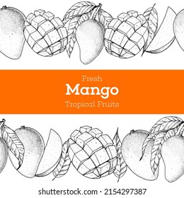 Diseño del paquete elaborado a mano con fruta de mango. Ilustración vectorial. Esbozo para diseño, ilustración de folleto. Diseño retro vintage.Banner de mango estilo boceto dibujado a mano. Ilustración vectorial de fruta fresca orgánica