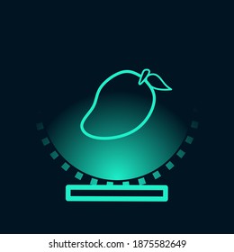 Mango fruit hologram display. Vector illustration mango digital design with a light projector. Fruit in holographic icon style