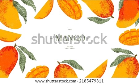 Mango fruit horizontal design template. Vintage textured style. Ripe mango plant with leaves. Vector illustration