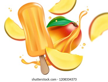 Mango fruit ice popsicles and liquid splash with slice and green leaf isolated on solid color background, Realistic vector 3D illustrate. Food concept Ads. Of free space for your branding.