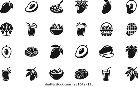 Mango Fruit Icon Set featuring Tropical Mango Sliced Mango Juice Glass Tree and Basket Icons
