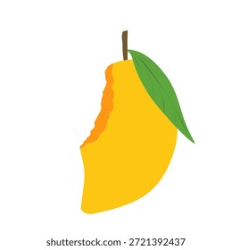 Ilustración de fruta de mango. Fruta de mango mordida. Diseño plano de fruta de mango. Ilustración de frutas. Vector de mango con hoja verde