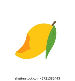 Ilustración de fruta de mango. Fruta de mango mordida. Diseño plano de fruta de mango. Ilustración de frutas. Vector de mango con hoja verde