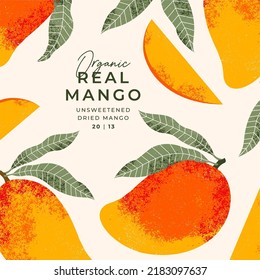 Mango fruit illustration design template. Vintage textured style. Ripe mango plant with leaves. Vector illustration