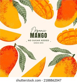 Mango fruit illustration frame design template. Vintage textured style. Ripe mango plant with leaves. Vector illustration