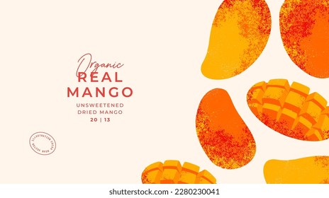 Plantilla de diseño horizontal de ilustración de frutos de mango. Estilo texturado vintage. Planta de mango madura. Ilustración vectorial.