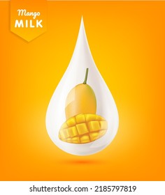 Mango fruit  inside milk droplets white realistic shiny. Cream yogurt drop falling with beautiful reflection. Isolated on orange background. Used for nutrition products your design. 3d vector EPS10.