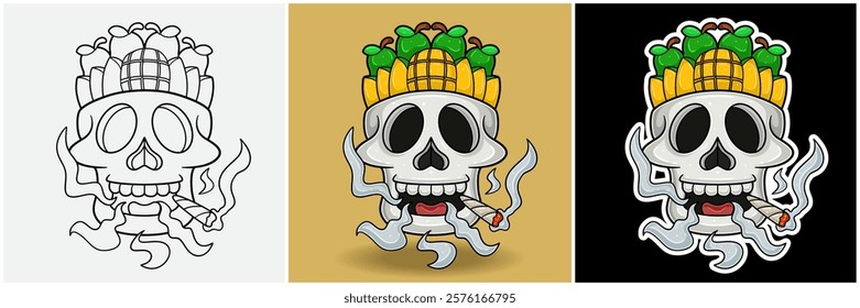 Mango Fruit Inside Skull Head With Smoking Character Cartoon. Black White, Colorful and Sticker Style. For T shirt print, Brand Logo, Label and Mascot product. Vectors Illustrations