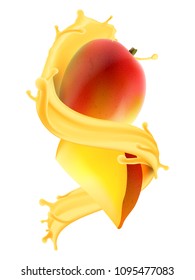 Mango fruit in juice or yogurt splash pure vector illustration for milk products and beverage design high quality art