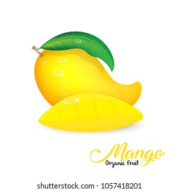 Mango Fruit With Leaf And Sliced On White Background. Vector Illustration.