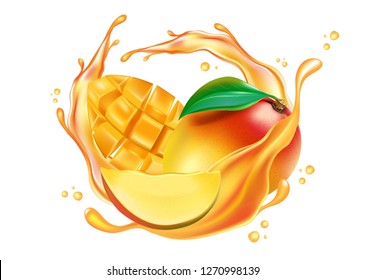 Mango fruit and liquid splash with slice and green leaf isolated on solid color background, Realistic vector 3D illustration. Of free space for texts and branding.