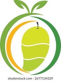 Mango Fruit Logo mit grünen Blättern und orangefarbenem Bogen