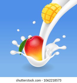 Mango fruit in milk flow or yogurt splash