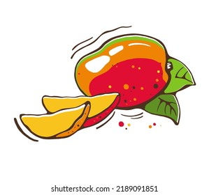Mango fruit on white background. Whole and sliced tropical fruits. Hand drawn vector illustration.