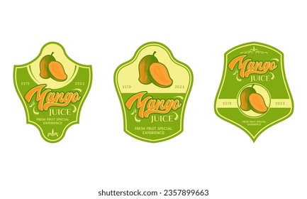 diseño de etiqueta de empaque de fruta de mango, con icono de fruta de mango fresco. Perfecto para etiquetas de fruta, etiquetas de jugo o etiquetas de productos de bebida