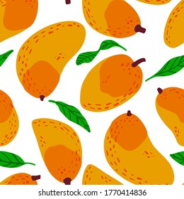 Mango fruit pattern. Vector seamless  Exotic background made in funny doodle style. Clipart food elements. Hand painted elements.