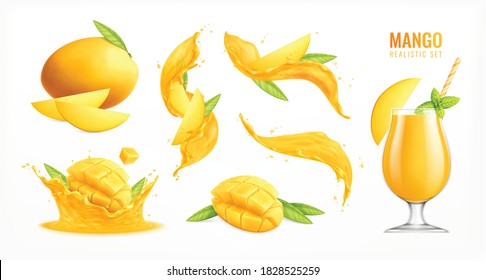 Mango fruit realistic set with fresh juice isolated vector illustration