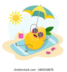 Mango fruit is resting on the beach. Vector illustration in cartoon flat style.