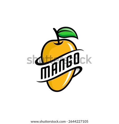 mango fruit and ribbon with mango written in the middle of the fruit