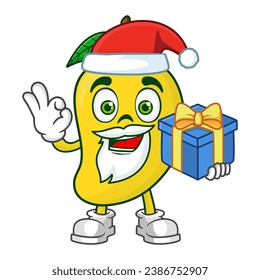 Mango fruit santa cartoon character holding a gift