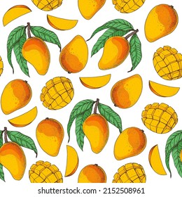 Mango fruit seamless pattern. Hand drawn package design. Vector illustration. Mango illustration. Can used for packaging design. Colorful.